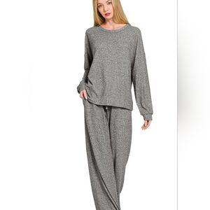 Zenana Soft Melange Hacci Long Slv Tee & Pants Set